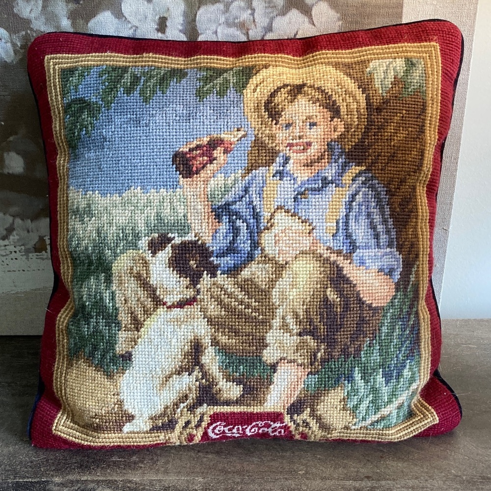 Coca-Cola Needlepoint Pillow Farmer Boy Dog Red Border Blue Velvet Backing 14x13